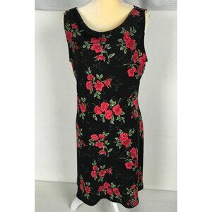 Betsy Lauren Womens  Sleeveless Floral Dress Black With Red Flowers Size 14 Poly